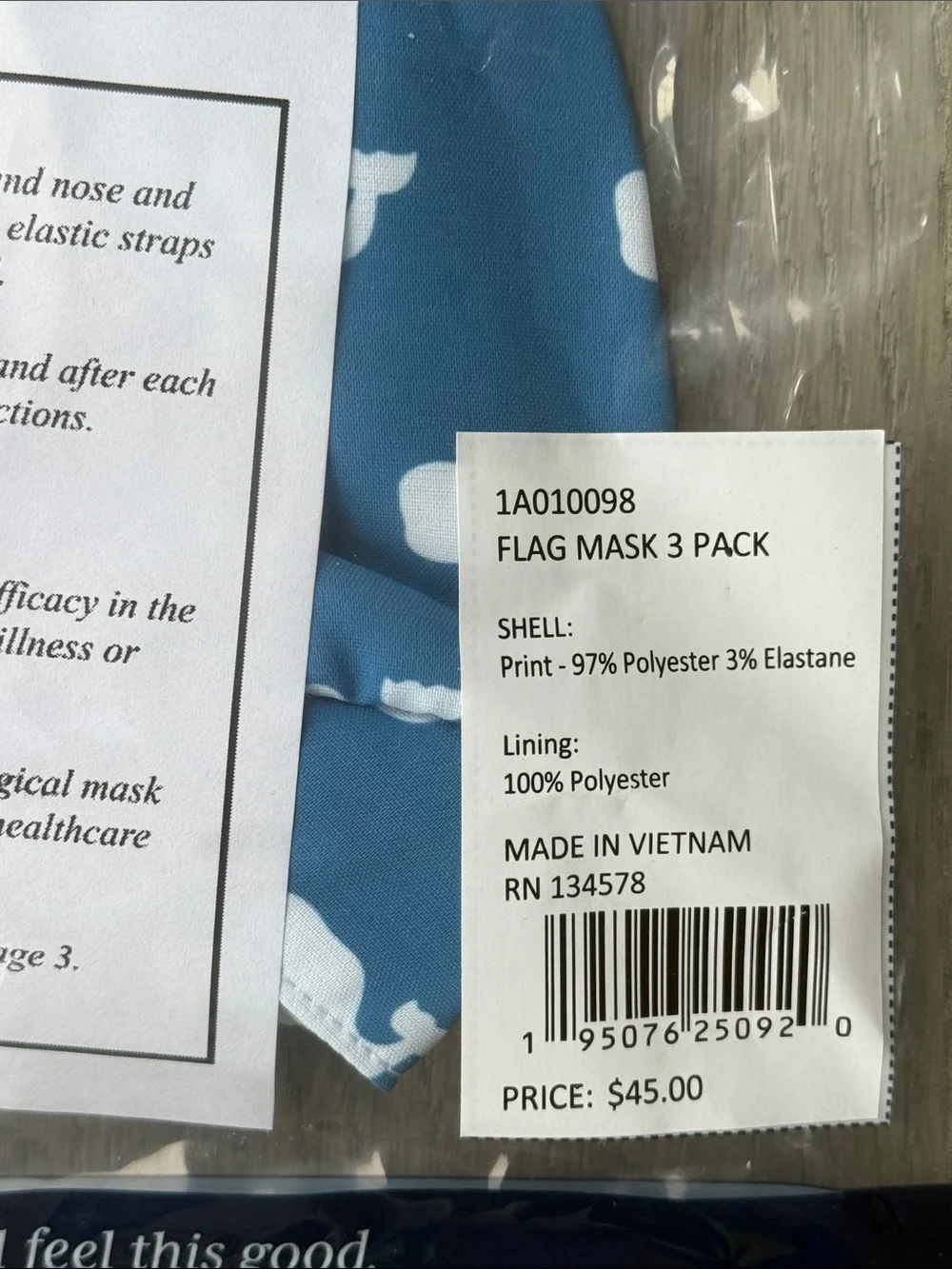 Vineyard Vines Sealed 3-Pack Lined Face Masks Flag Red, White, & Blue-Adult Size